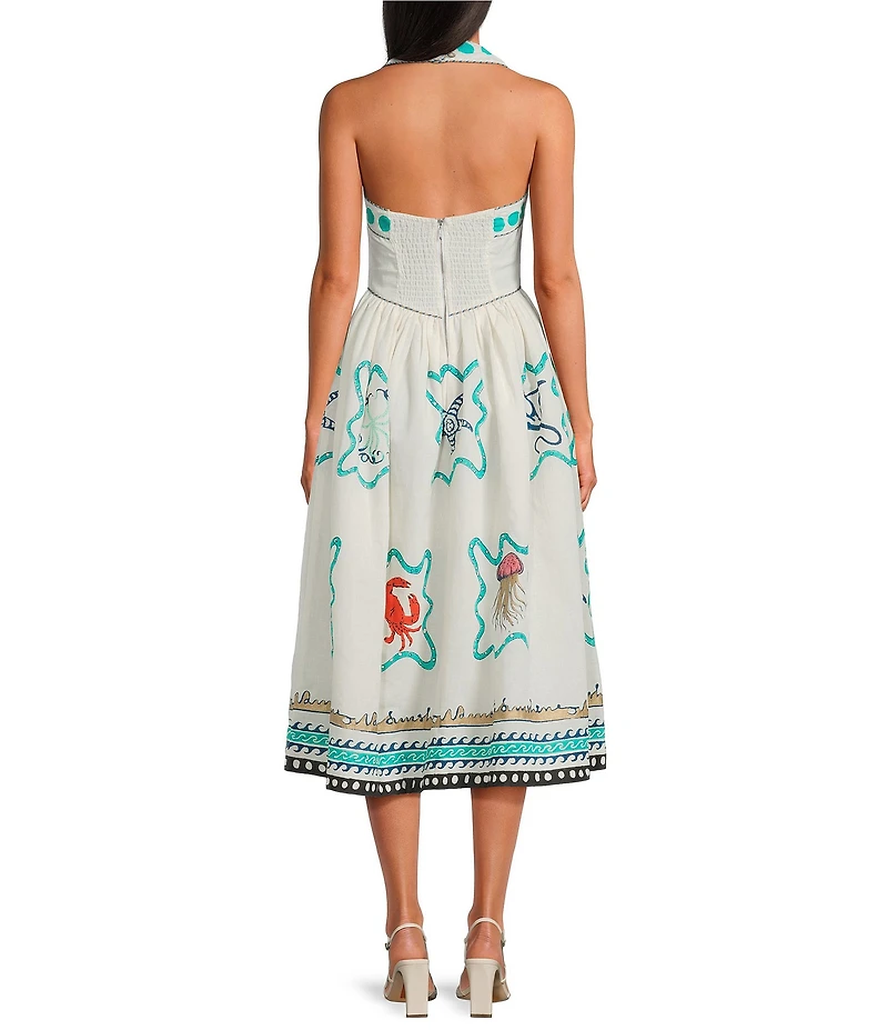 Mo Maya Namaste Sunshine Hand Printed Pattern Linen Blend Square Neck Sleeveless A-Line Midi Dress