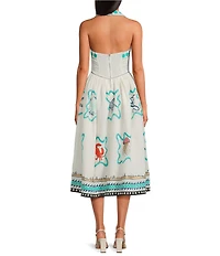 Mo Maya Namaste Sunshine Hand Printed Pattern Linen Blend Square Neck Sleeveless A-Line Midi Dress