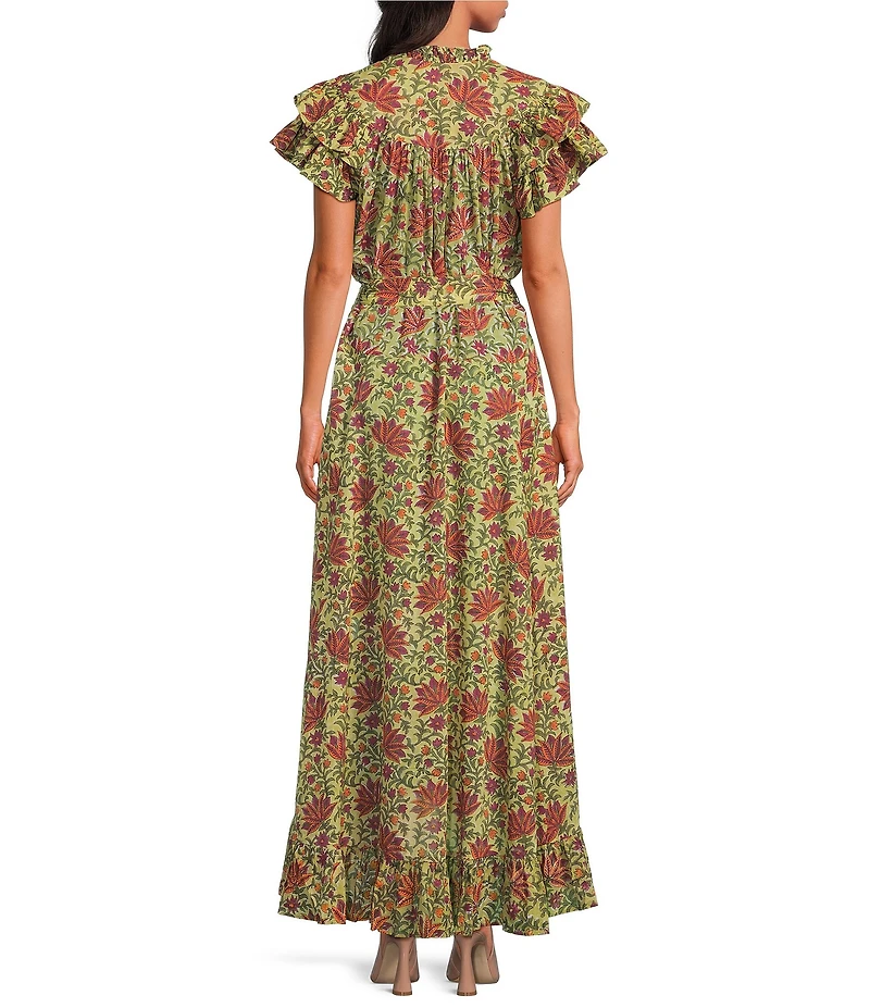 Mo Maya New Bird V-Neck Short Sleeve Belted High Low Midi Dress