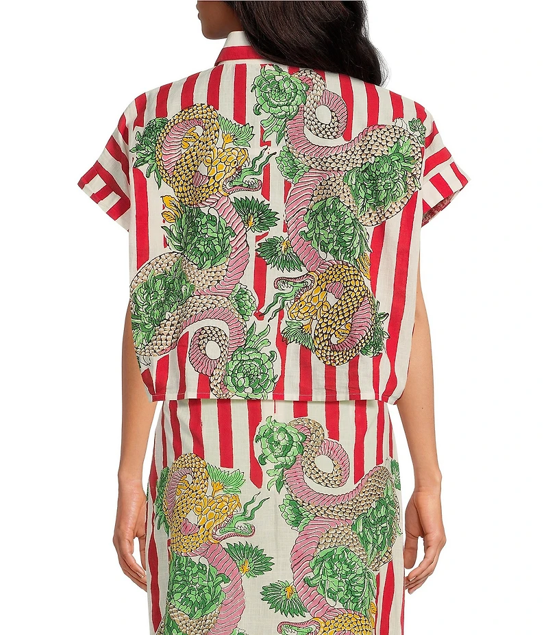 Mo Maya Red Stripe Dragon Print Camp Collar Short Sleeve Button Front Coordinating Coverup Top