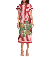 Mo Maya Red Stripe Dragon Print Camp Collar Short Sleeve Button Front Coordinating Coverup Top