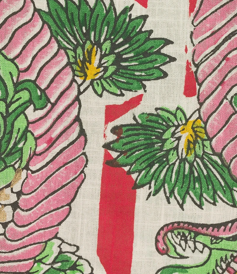 Mo Maya Red Stripe Dragon Print Camp Collar Short Sleeve Button Front Coordinating Coverup Top