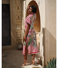 Mo Maya Red Stripe Dragon Print Camp Collar Short Sleeve Button Front Coordinating Coverup Top