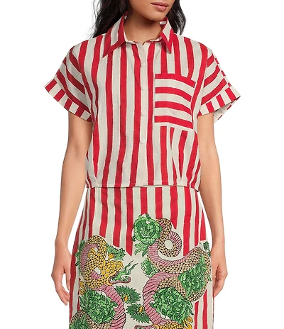 Mo Maya Red Stripe Dragon Print Camp Collar Short Sleeve Button Front Coordinating Coverup Top