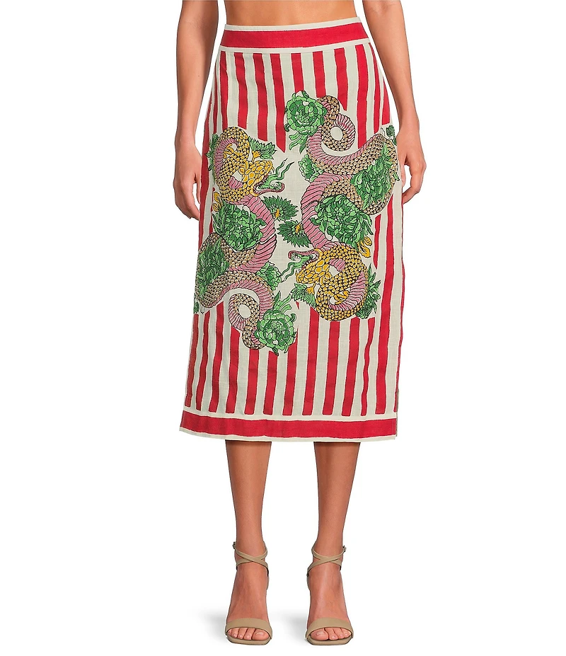 Mo Maya Red Stripe Dragon Print High Rise Pencil Coordinating Midi Skirt