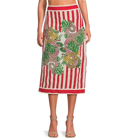 Mo Maya Red Stripe Dragon Print High Rise Pencil Coordinating Midi Skirt