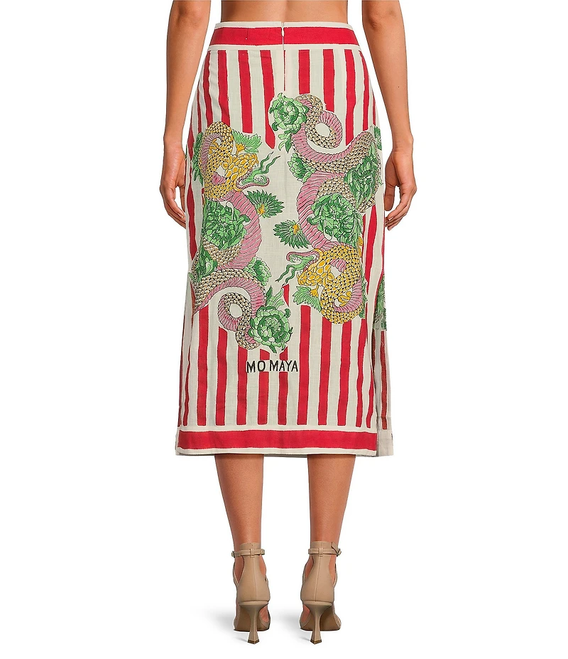 Mo Maya Red Stripe Dragon Print High Rise Pencil Coordinating Midi Skirt