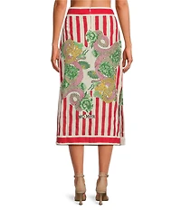 Mo Maya Red Stripe Dragon Print High Rise Pencil Coordinating Midi Skirt