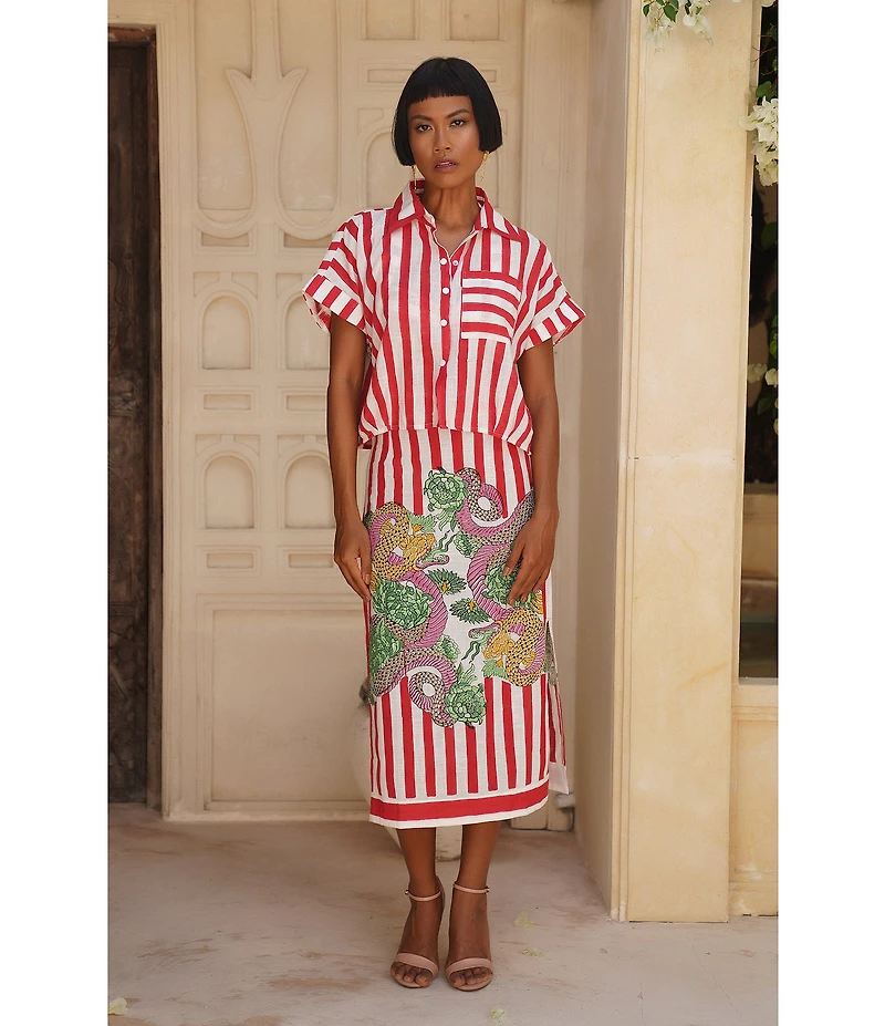 Mo Maya Red Stripe Dragon Print High Rise Pencil Coordinating Midi Skirt