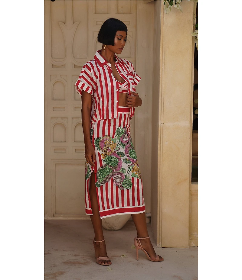 Mo Maya Red Stripe Dragon Print High Rise Pencil Coordinating Midi Skirt