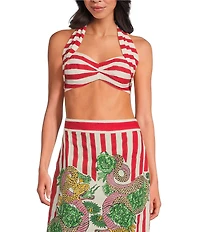 Mo Maya Red Stripe Print Halter Sweetheart Neckline Sleeveless Coordinating Bra Top