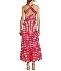 Mo Maya Runa Gingham Check and Leopard Strap Print Square Neckline Sleeveless Maxi Dress