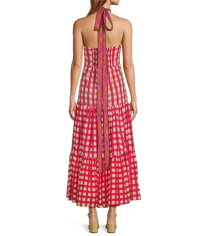 Mo Maya Runa Gingham Check and Leopard Strap Print Square Neckline Sleeveless Maxi Dress