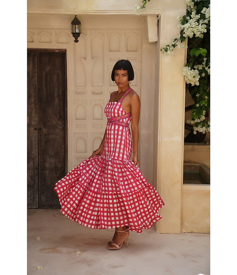 Mo Maya Runa Gingham Check and Leopard Strap Print Square Neckline Sleeveless Maxi Dress
