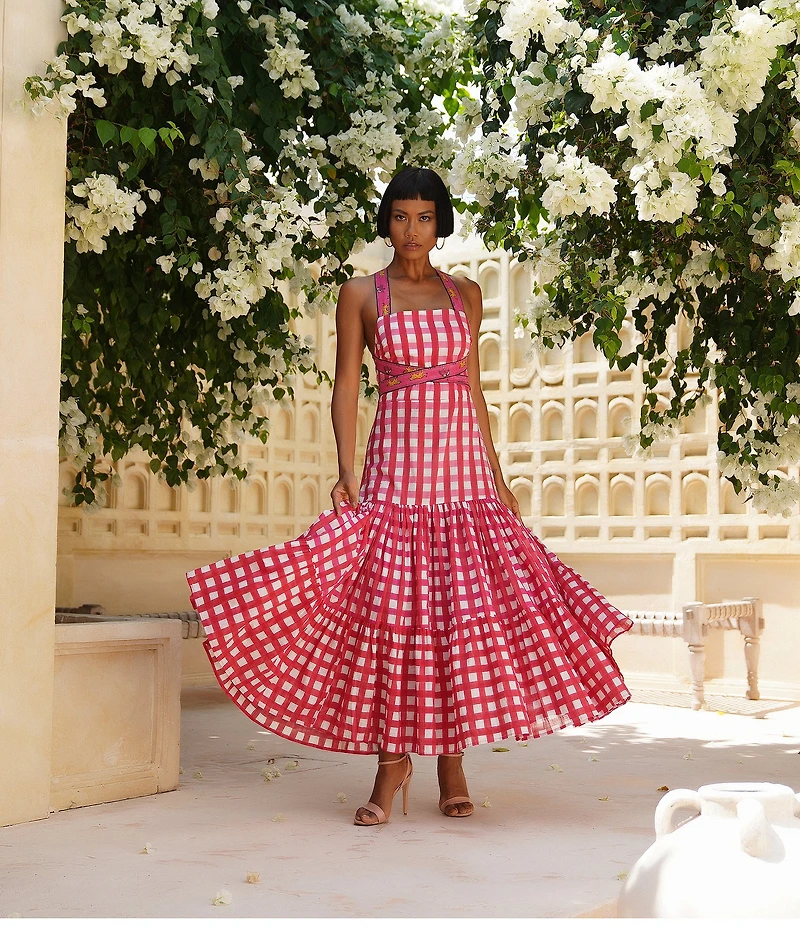 Mo Maya Runa Gingham Check and Leopard Strap Print Square Neckline Sleeveless Maxi Dress