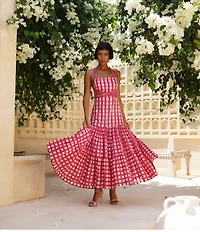 Mo Maya Runa Gingham Check and Leopard Strap Print Square Neckline Sleeveless Maxi Dress