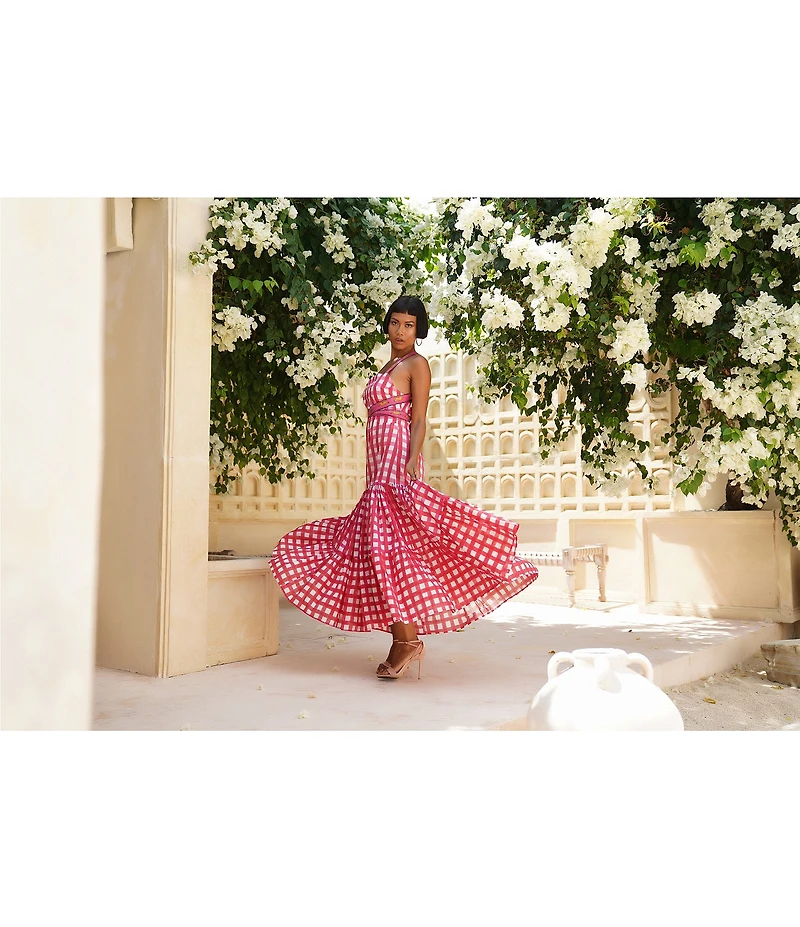 Mo Maya Runa Gingham Check and Leopard Strap Print Square Neckline Sleeveless Maxi Dress