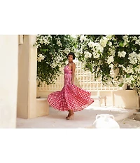 Mo Maya Runa Gingham Check and Leopard Strap Print Square Neckline Sleeveless Maxi Dress