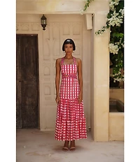 Mo Maya Runa Gingham Check and Leopard Strap Print Square Neckline Sleeveless Maxi Dress