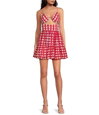 Mo Maya Runa Check Print V-Neckline Sleeveless Mini Dress