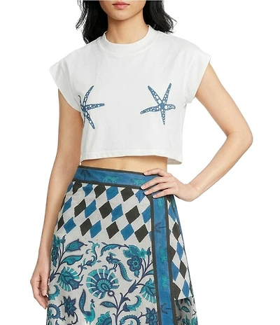 Mo Maya Starfish Printed Crew Neck Short Sleeve Cropped Tee Shirt