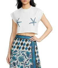Mo Maya Starfish Printed Crew Neck Short Sleeve Cropped Tee Shirt