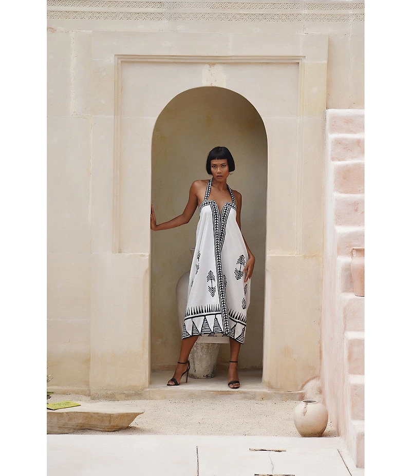 Mo Maya Tara Hand Block Print Halter Midi Dress