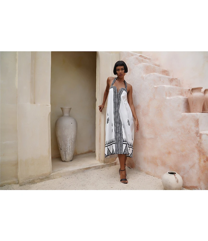 Mo Maya Tara Hand Block Print Halter Midi Dress