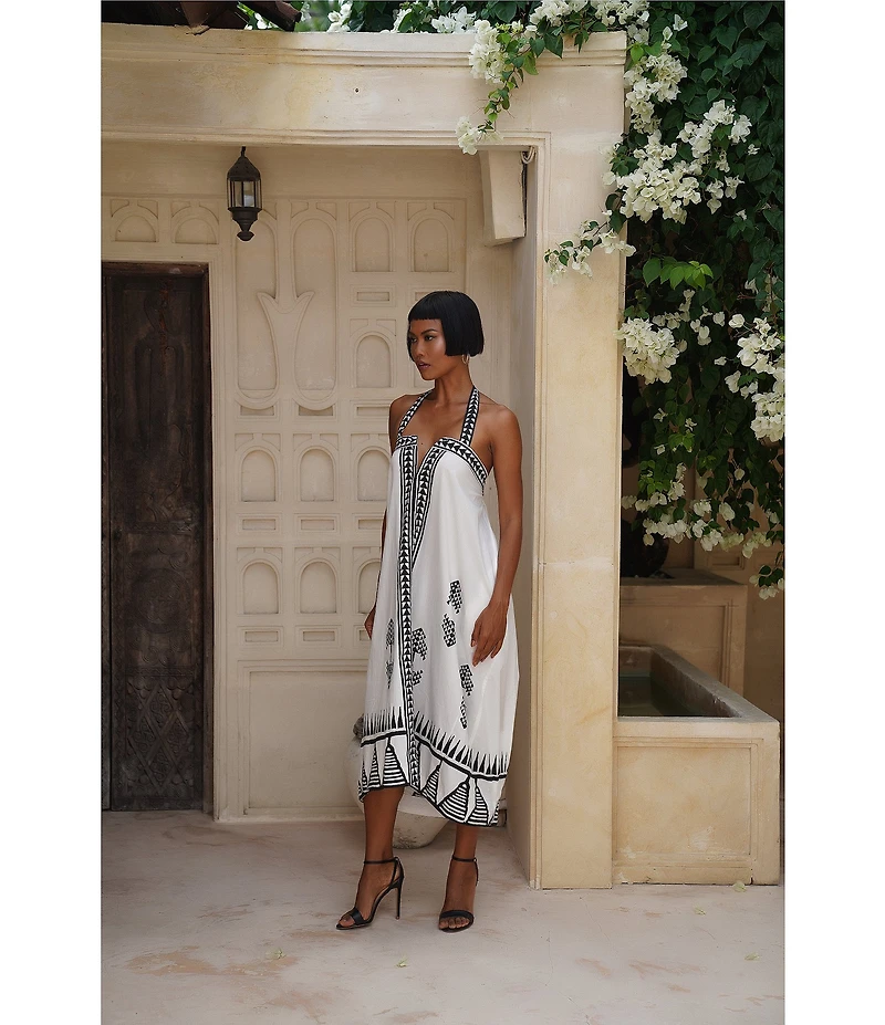 Mo Maya Tara Hand Block Print Halter Midi Dress