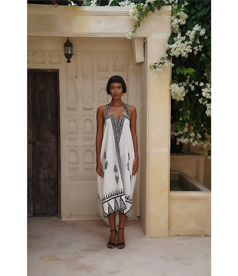 Mo Maya Tara Hand Block Print Halter Midi Dress