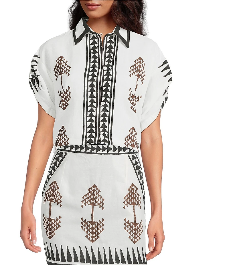 Mo Maya Tara Hand Painted Print Linen Blend Button Front Short Sleeve Coordinating Shirt