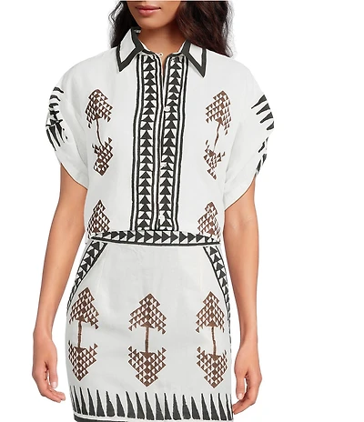 Mo Maya Tara Hand Painted Print Linen Blend Button Front Short Sleeve Coordinating Shirt