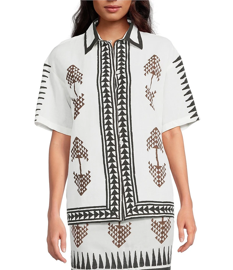 Mo Maya Tara Hand Painted Print Linen Blend Button Front Short Sleeve Coordinating Shirt