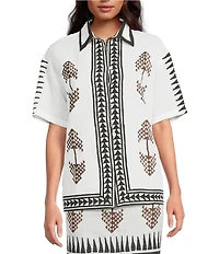 Mo Maya Tara Hand Painted Print Linen Blend Button Front Short Sleeve Coordinating Shirt