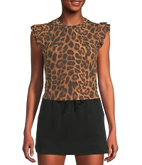 Moa Moa Animal Print Short Sleeve Ruffle Top
