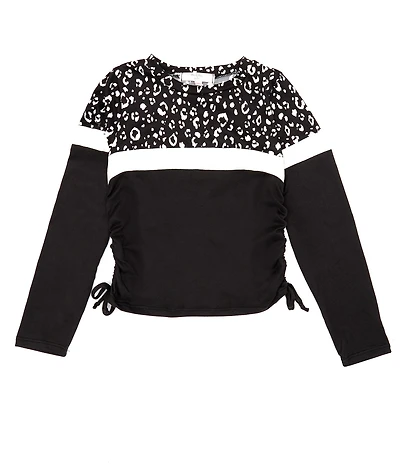 Moa Moa Big Girls Long-Sleeve Crew Neck Color Block Animal Cinched Top