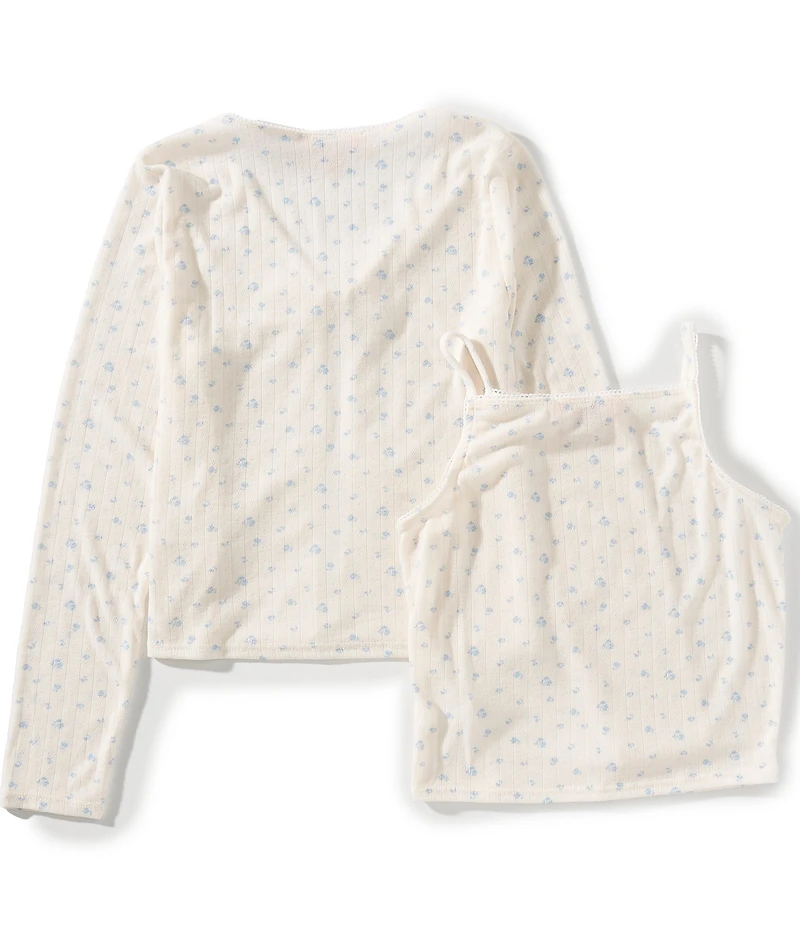 Moa Moa Big Girls Pointelle Ditsy Floral Print Tank Top & Cardigan Sweater Set