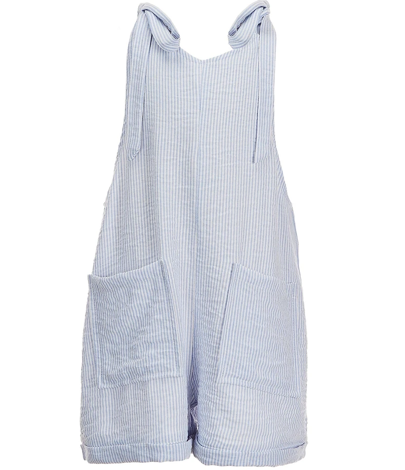 Moa Moa Big Girls Sleeveless Shoulder Tie V-Neck Stripe Front Pocket Mini Romper