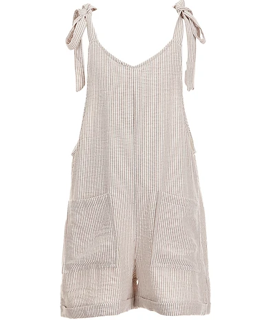Moa Moa Big Girls Sleeveless Shoulder Tie V-Neck Stripe Front Pocket Mini Romper