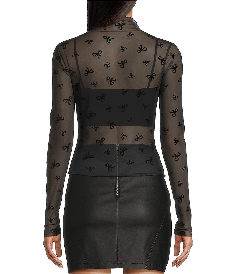 Moa Moa Bow Printed Mock Neck Long Sleeve Top