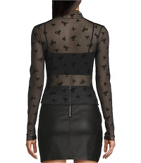 Moa Moa Bow Printed Mock Neck Long Sleeve Top