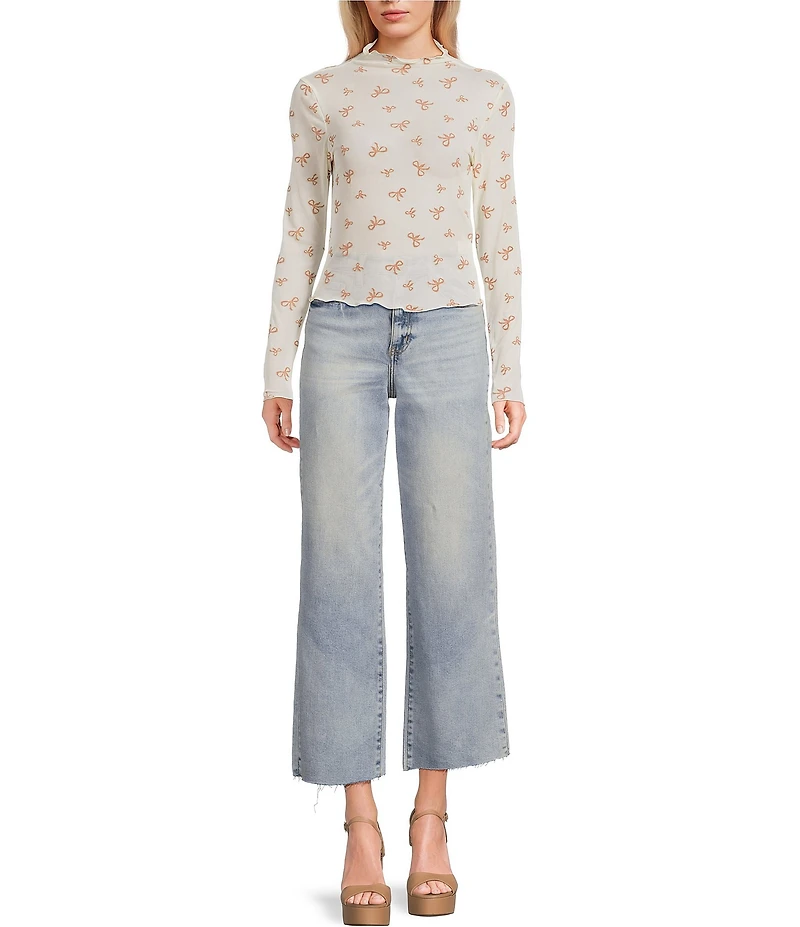 Moa Moa Bow Printed Mock Neck Long Sleeve Top