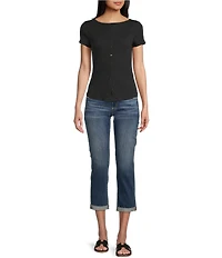 Moa Moa Crewneck Neck Short Sleeve Button-Front Top