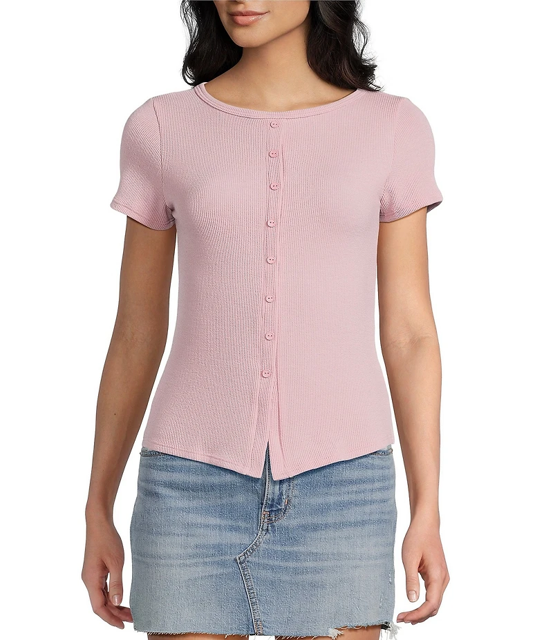 Moa Moa Crewneck Neck Short Sleeve Button-Front Top
