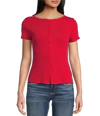 Moa Moa Crewneck Neck Short Sleeve Button-Front Top