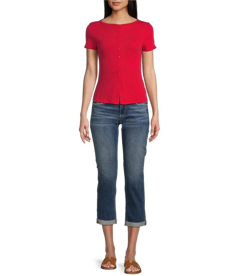 Moa Moa Crewneck Neck Short Sleeve Button-Front Top
