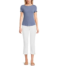 Moa Moa Crewneck Neck Short Sleeve Button-Front Top