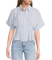 Moa Moa Linen Striped Point Collar Short Sleeve Button Front Cinched Top