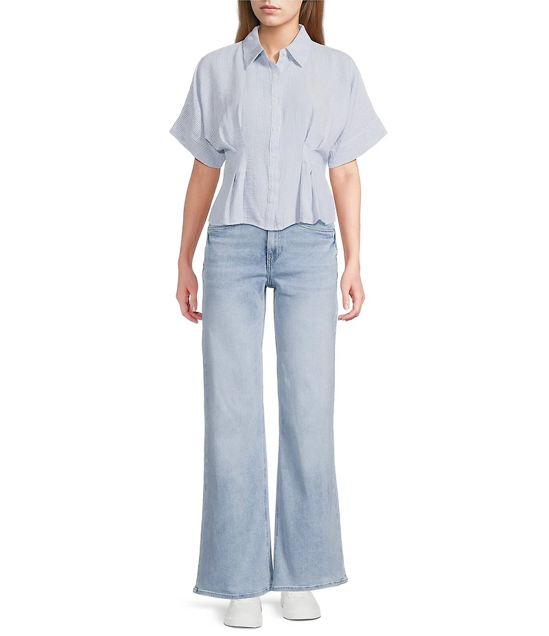 Moa Moa Linen Striped Point Collar Short Sleeve Button Front Cinched Top