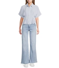 Moa Moa Linen Striped Point Collar Short Sleeve Button Front Cinched Top